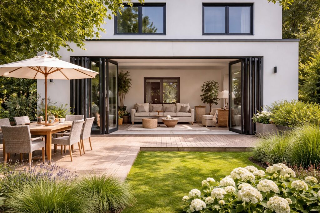 Wohnzimmer mit schwarzer, offener Falttür, vom großzügigen Garten aus fotografiert. 